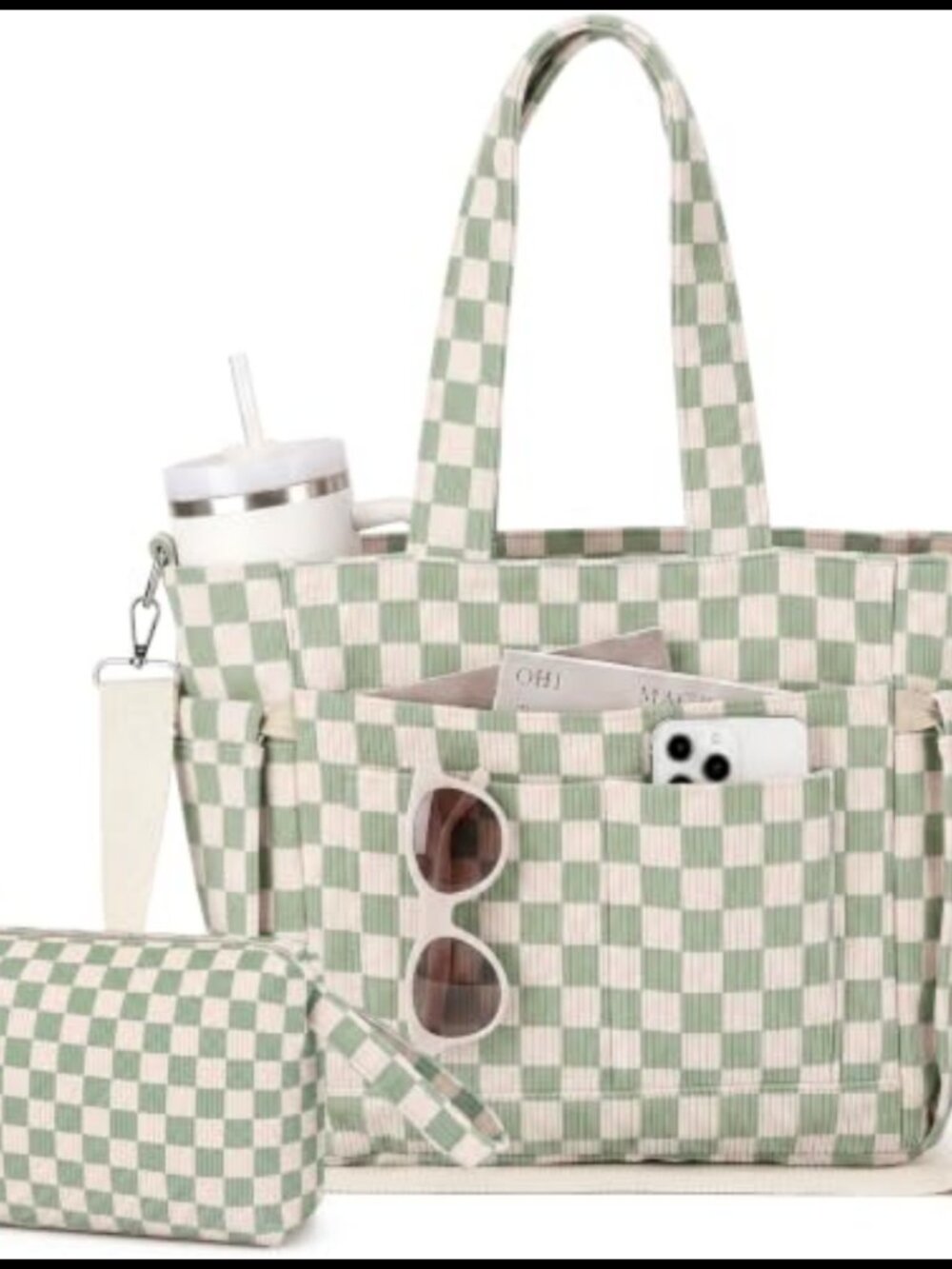 Corduroy Tote Bag Set with Multi-Pocket Organizer and Crossbody Strap